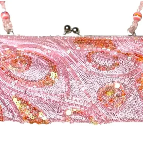 Small Light Pink Sequin Purse w/ Beaded Curved Strap - Multicolor Shimmer - Picture 4 of 7